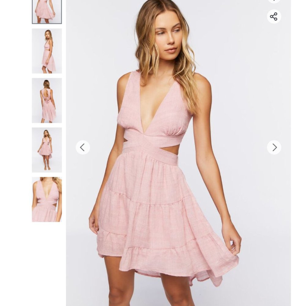Cutout High-Low Midi Dress - Pink Linen Open Back Deep V Mini Dress - Picture 2 of 6